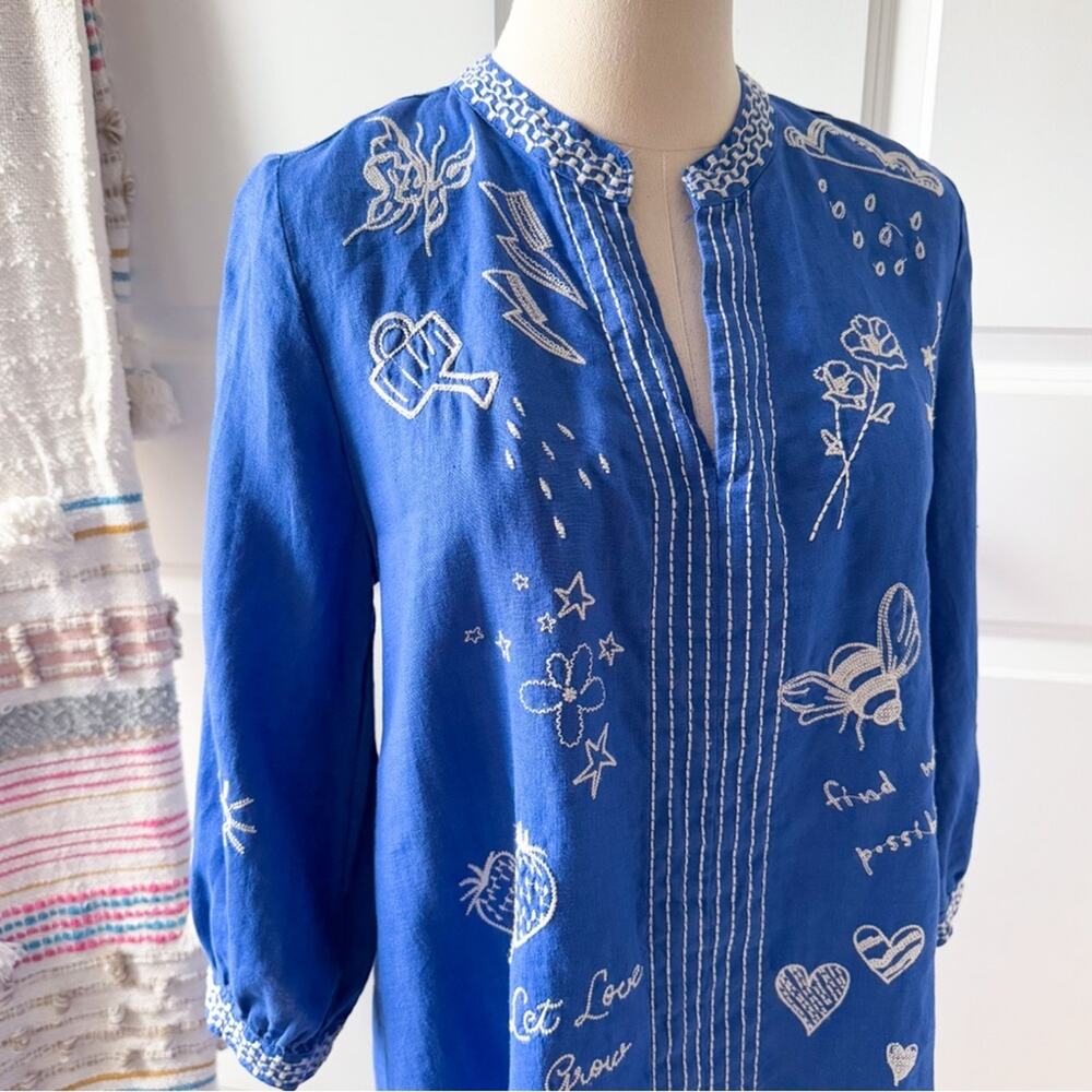 Johnny Was Sovanna Blue Embroidered Linen Bishop Sleeves Tunic Dress Size Small - Picture 2 of 11
